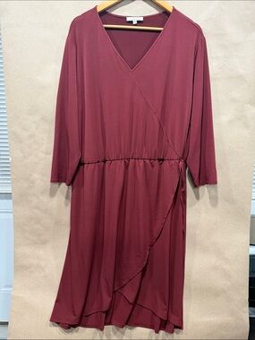 Wrap-Front Burgundy Midi Dress with Side Tie